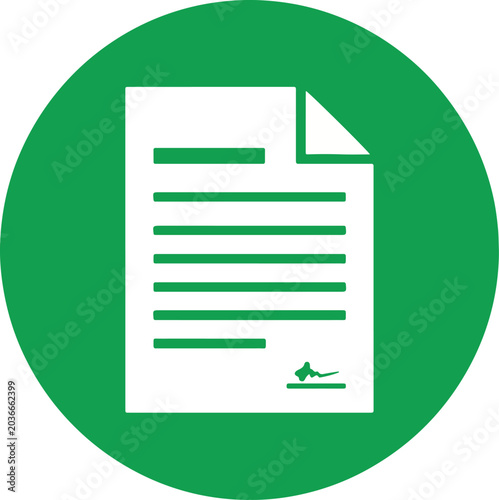 A white document icon with horizontal lines and a signature symbol is displayed within a solid green circle.