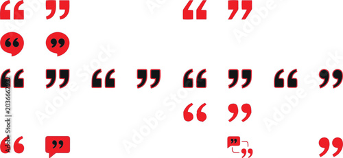 Quotation marks in red and black are scattered across a white background, representing dialogue and speech.