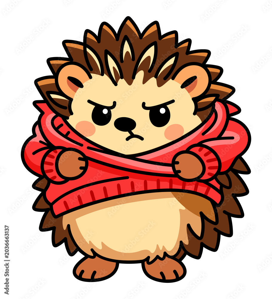 Fototapeta premium Funny cartoon hedgehog struggling to put on a sweater