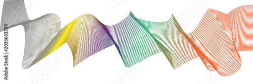 Abstract wavy ribbon graphic element composed of fine grid mesh lines with grey yellow purple green and orange color gradients isolated on white background