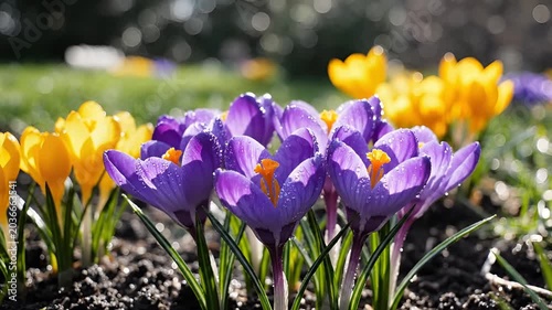 Closeup of vibrant purple and yellow crocuses blooming in spring sunlight.