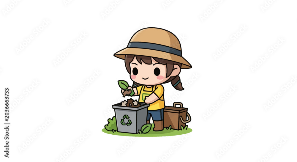 Obraz premium Chibi style vector illustration of a young girl in a sun hat and apron composting organic waste into a gray bin with a recycling symbol, isolated on a white background.