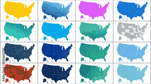 Tableau sur toile Colorful United States Map Collection Featuring State Boundaries, Geographic Inf