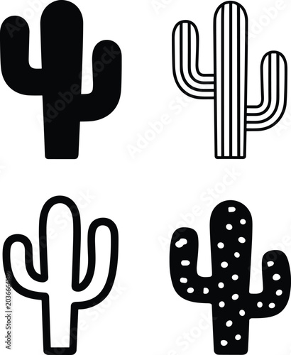 Foto Minimalist set of four saguaro cactus icons featuring solid and patterned styles, evoking a calm desert vibe in flat lighting