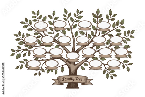 Foto A monochrome family tree chart displays numerous empty oval spaces for writing f
