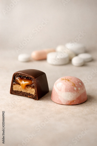 Balanced Diet and Blood Sugar Awareness with Chocolate and Medication, Wellness Visual with Space for Text