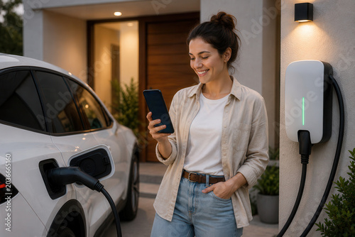 A woman stands next to her electric vehicle parked at home. She holds a smartphone and looks happy. The charging station is connected to the vehicle and the scene is lit softly.