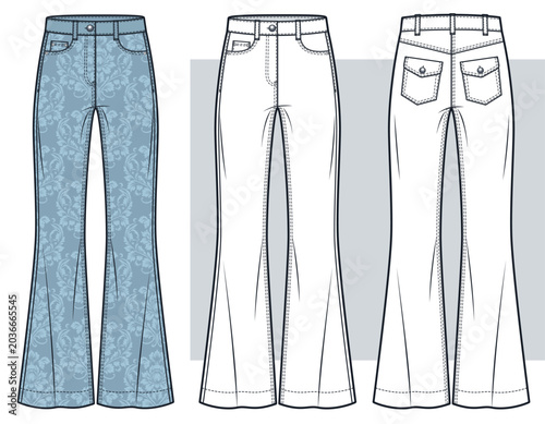 Cuadro en lienzo Women Floral Denim Wide Leg Jeans Fashion Flat Technical Drawing Template Featur