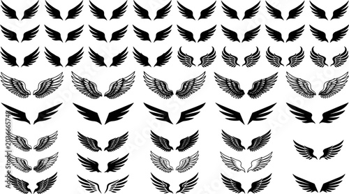 Decorative Wing Icon Collection Featuring Angel Feather Symbols, Flying Emblems and Stylized Black Outline Vector Design Elements