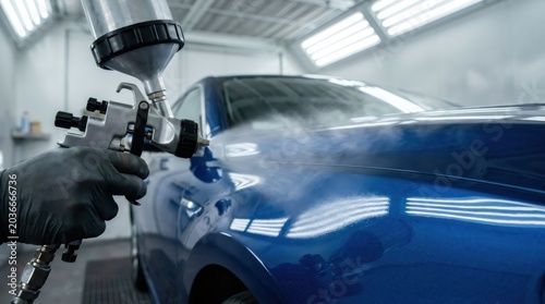 Painter painting blue car body with spray gun in workshop. Professional auto body repairman applying protective coating to vehicle. Industrial car maintenance and restoration technology.