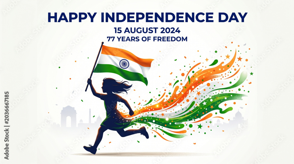 Fototapeta premium Patriotic young woman running with Indian flag and tricolor energy splash celebrating Independence Day pride