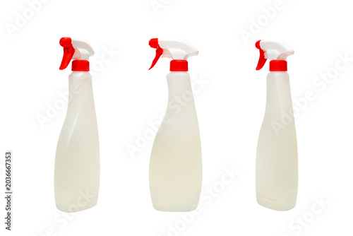 three white plastic spray bottles shown from different angles on a solid white background