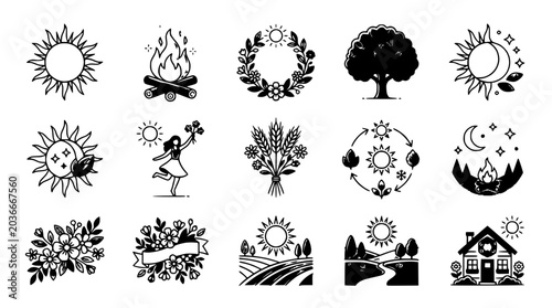 Foto Vector Icons: Sun, Nature, Seasons, Tree, House, Campfire, Wreath, Fields, Moon