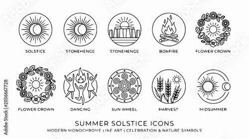 Canvas-taulu Summer Solstice Icons: Sun, Stonehenge, Bonfire, Dancing, Harvest, Midsummer, Li