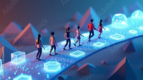 Group of People Walking on Futuristic Glowing Digital Path.