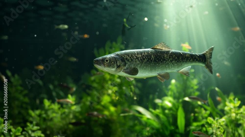 Northern pike swimming peacefully underwater with sun rays shining through the surface and green aquatic plants in the background