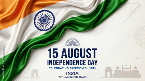 Patriotic Indian Independence Day banner with waving national flag Ashoka Chakra and freedom celebration