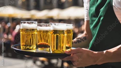 Professional waiter serving multiple glasses of cold beer on a tray. A crowded outdoor pub or beer garden is visible in the background
