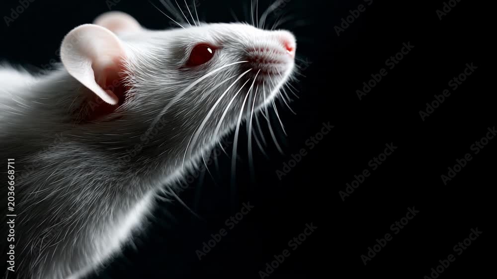 Close up shot of an inquisitive albino lab rat. The tiny creature, with ...