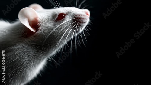 Close up shot of an inquisitive albino lab rat. The tiny creature, with its striking red eyes and snow white fur, appears to be investigating and sniffing its environment