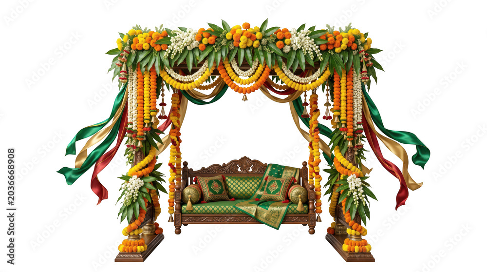 Fototapeta premium Traditional indian wedding swing decorated with marigold flowers isolated on transparent background