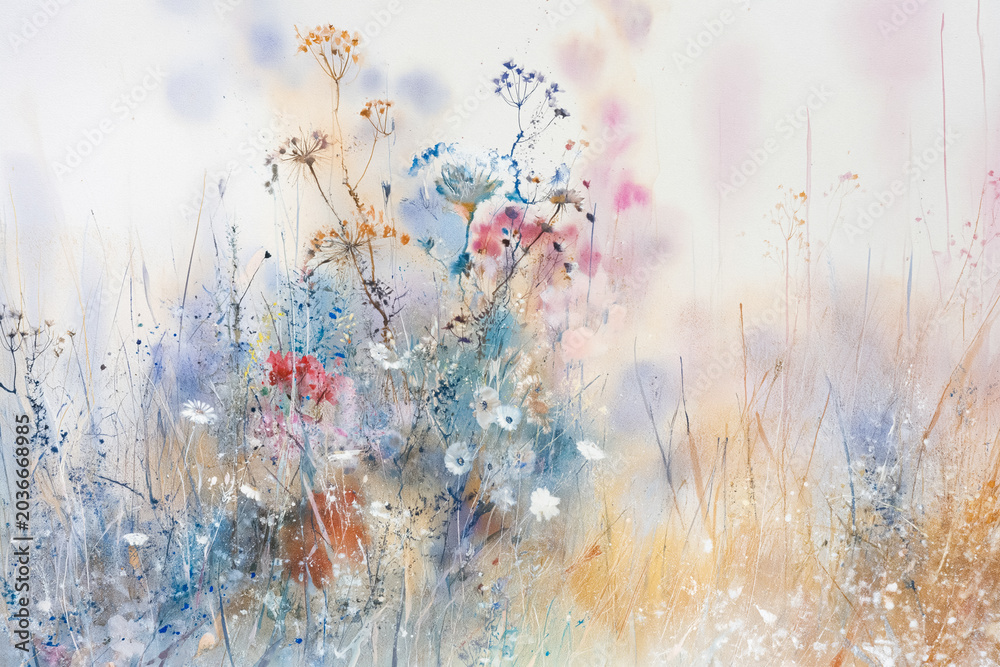 Fototapeta premium Watercolor painting showcasing wildflowers blooming in an abstract meadow with soft pastel colors and an ethereal light effect