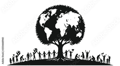 Foto Global community unity, people holding hands around a world tree, concept of env