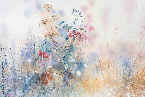 Watercolor painting showcasing wildflowers blooming in an abstract meadow with soft pastel colors and an ethereal light effect