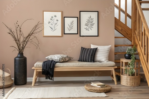 Wooden bench against grey wall and staircase. Scandinavian, rustic farmhouse interior design of modern entryway, Generative AI