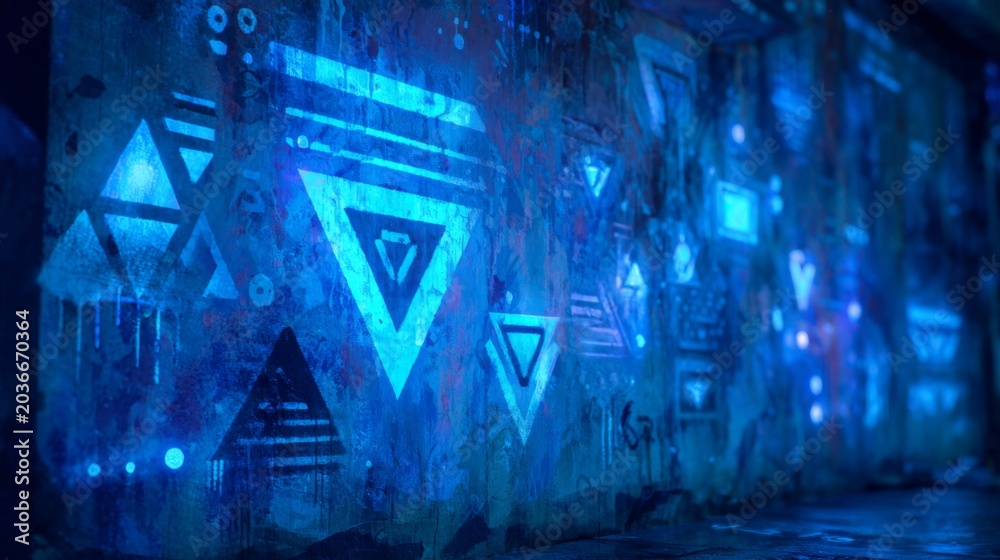 Obraz premium Holographic Graffiti Mural with Glowing Symbols Illuminating an Urban Wall