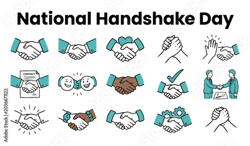 Set of Handshake and Agreement Icons for National Handshake Day. Modern Line Art Vector Collection.