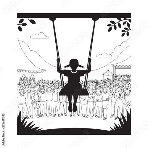 Bold Thick Line Art Silhouette Illustration of South Korea Dano Festival Traditional Swing Ride Celebration Vector Design
