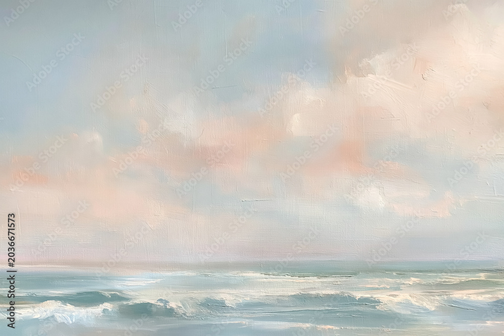 Obraz premium Abstract seascape painting showing soft pastel clouds drifting over a tranquil ocean with gentle waves