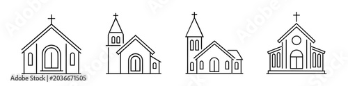 Collection of church building line icons featuring various architectural styles and cross symbols.