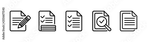 Set of document and file management line icons including writing, checklists and search tools.
