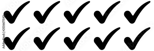 Multiple hand drawn check mark symbols isolated on white background for task completion status.