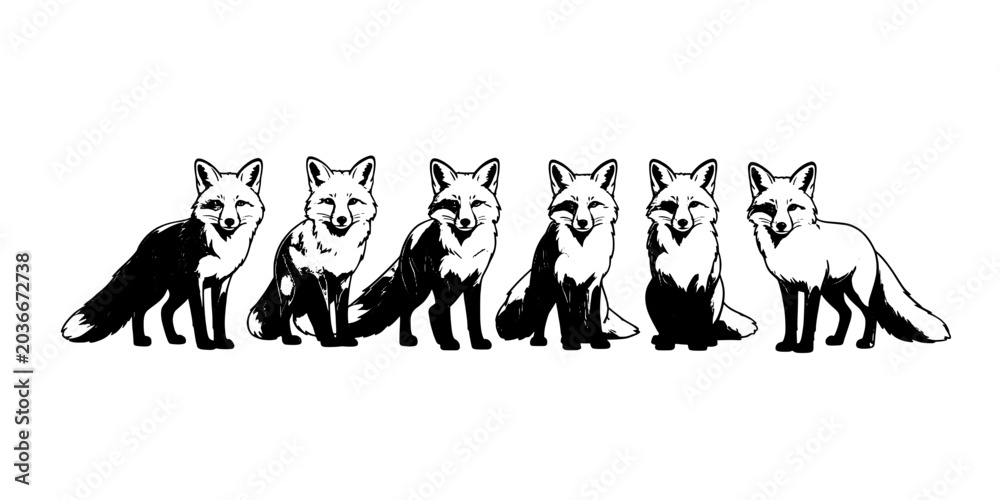 Fototapeta premium Foxes Sitting in a Row with Different Fur Patterns and Colors Featuring Black, White, Brown with Illustration and Animals Elements for Wildlife,