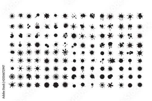 A vast array of diverse black ink splatters and paint blots on a clean white surface