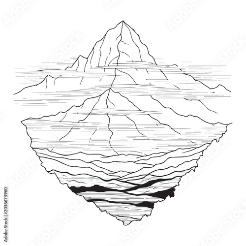 Iceberg vector line art illustration with tip above water and large submerged base for business metaphor and depth