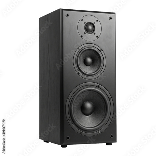Foto Black speaker column isolated on transparent background, high-fidelity audio system for home stereo