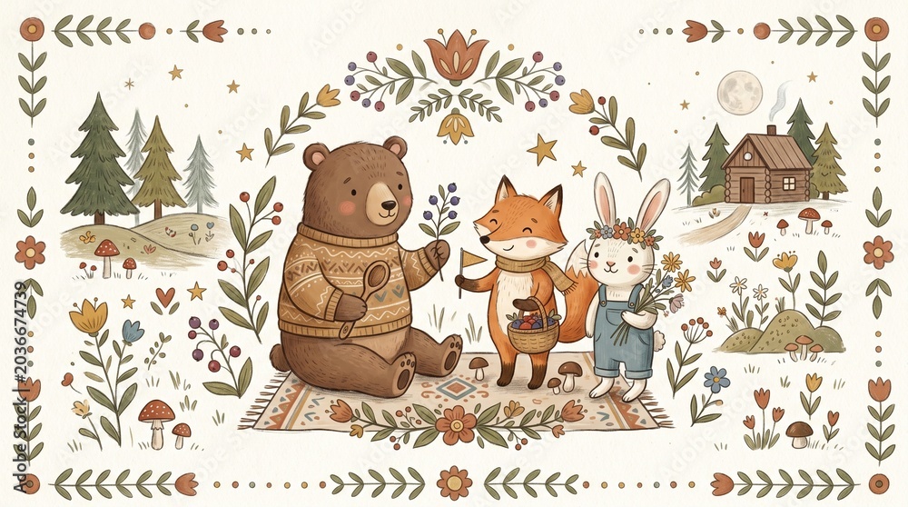 Naklejka premium cute folk-style illustration with bears, rabbits and foxes, soft earthy palette, simple floral ornaments, hand-drawn texture, cozy Scandinavian kids aesthetic, clean background