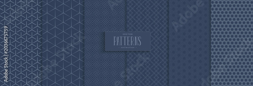 Geometric vector patterns collection in shades of blue seamless repeating designs for backgrounds