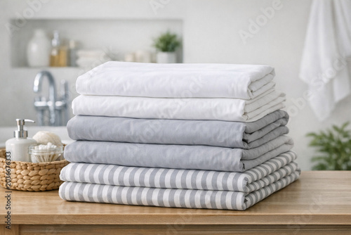 Folded towels stacked on a wooden counter top in the kitchen next to a sink with dish soap. The towels have stripes.