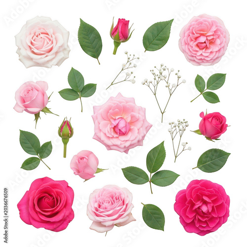 Beautiful pink roses with leaves and buds illustration