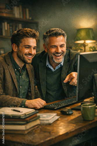 A joyful moment of two men engaged in humorous content on a computer screen.
