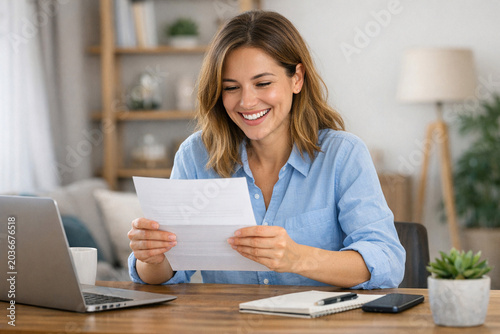 A woman with a big smile on her face, sitting at an office desk and reading a letter. She is in a home setting, wearing a blue blouse.