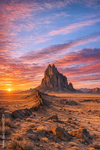 Vibrant colors of sunset with majestic red rock formations in the foreground.