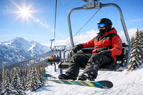A person sitting on a ski lift, wearing a red jacket and goggles, looking out over the mountains.