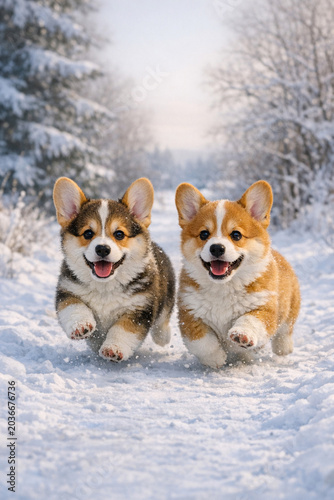 Joyful corgi dogs frolicking outdoors during winter.