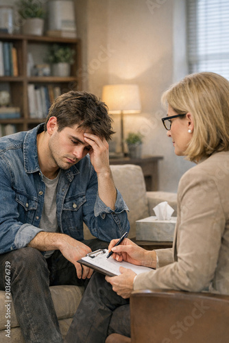 Man sitting down with head in hands and sad facial expression.